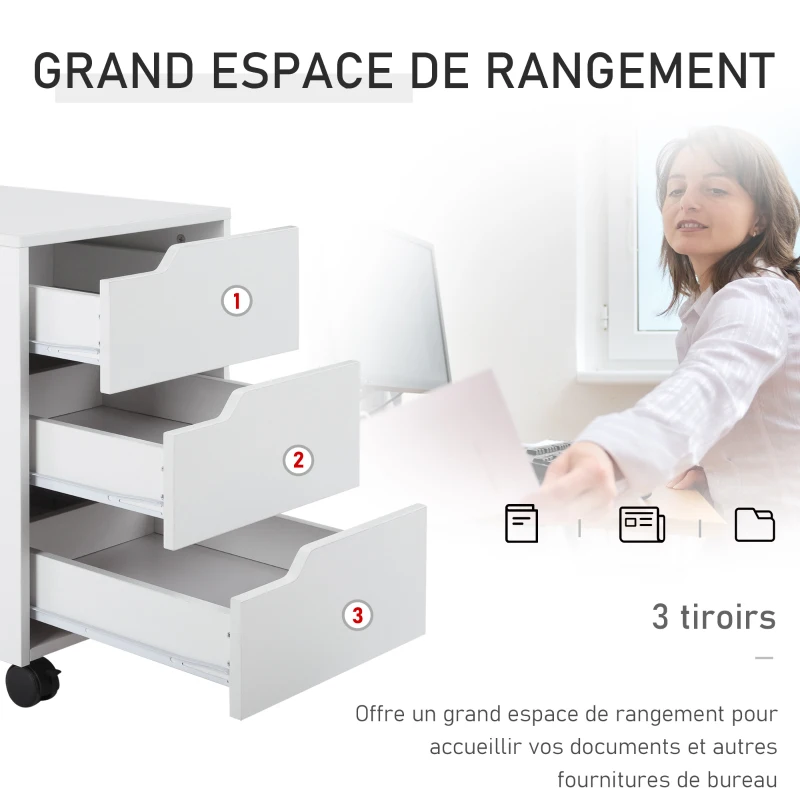 HOMCOM Caisson bureau mobile avec 3 tiroirs, meuble rangement bureau sur roulettes pour documents et imprimante, caisson de rangement compact pour travail ou chambre, 40x50x57,5cm, blanc