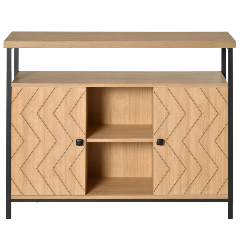 HOMCOM Meuble de rangement buffet style graphique 2 placards porte avec étagère 2 niches étagère grand plateau métal noir MDF aspect chêne clair