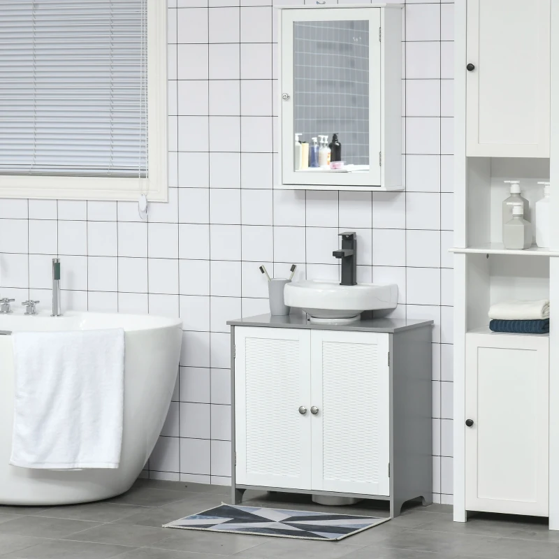 kleankin Meuble sous lavabo meuble sous évier placard 2 portes avec étagère 60 x 30 x 60 cm gris blanc