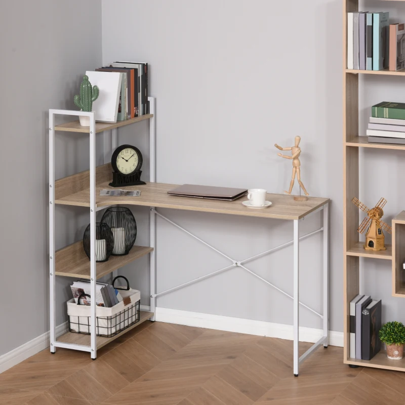 HOMCOM Mesa de Ordenador Multifuncional Escritorio Estilo Industrial Vintage con 4 Estantes para Despacho Casa Estudio 120x70x120 cm Blanco Roble