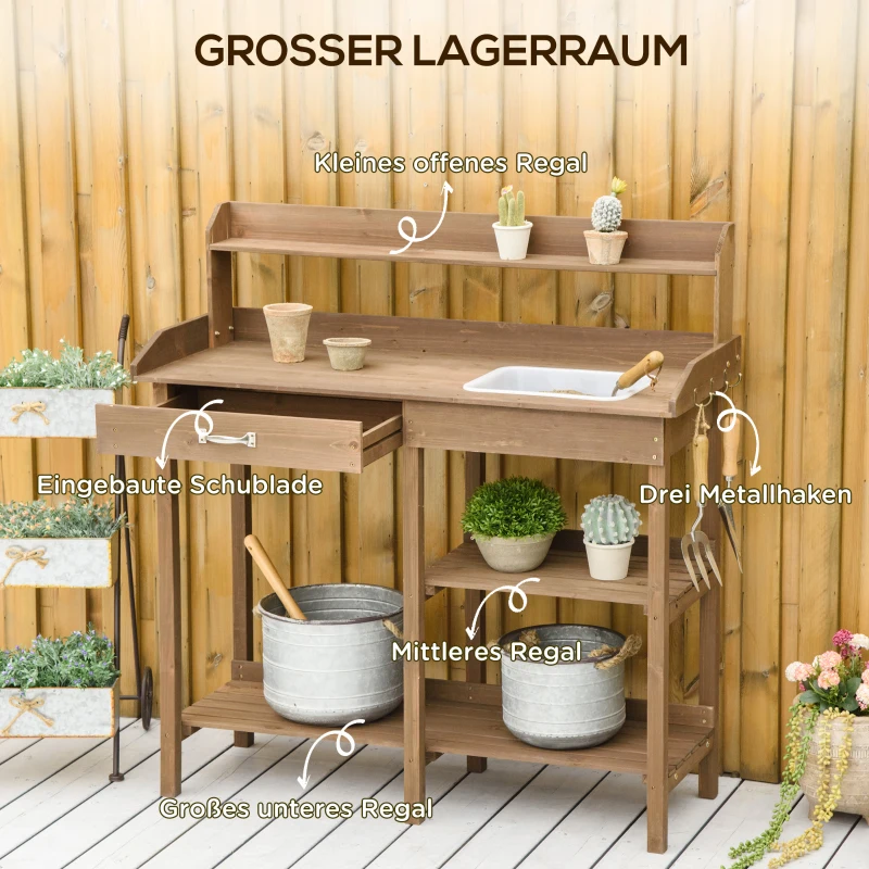 Outsunny Pflanztisch Gärtnertisch Blumentisch mit Wanne Garten Tannenholz Braun 117 x 45 x 121 cm