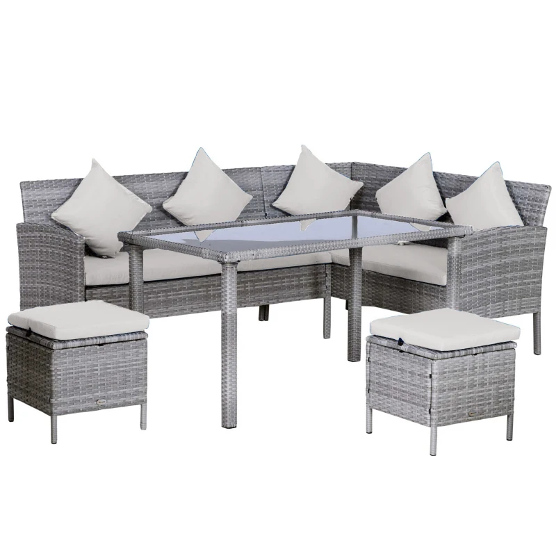 Outsunny 5-tlg. Gartenmöbel Set, Rattan Sitzgruppe mit Fußhocker, Metall, Grau, 142 x 60 x 75 cm