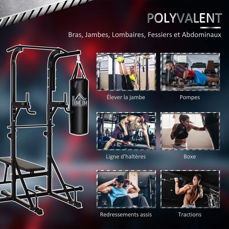 HOMCOM Station de musculation Fitness entrainement complet - barre de traction, à dips, banc de musculation pliable, poignées push-up, sac de frappe - acier noir
