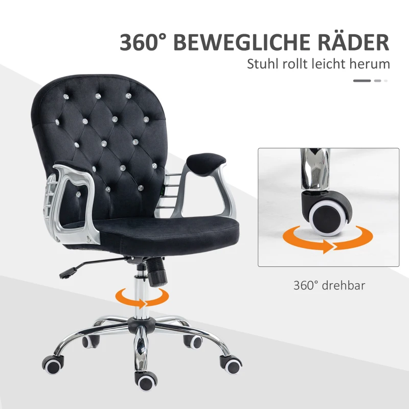 Vinsetto Bürostuhl, Knopfheftung, Samtoptik, höhenverstellbar, ergonomisch, bis 120 kg, Schwarz