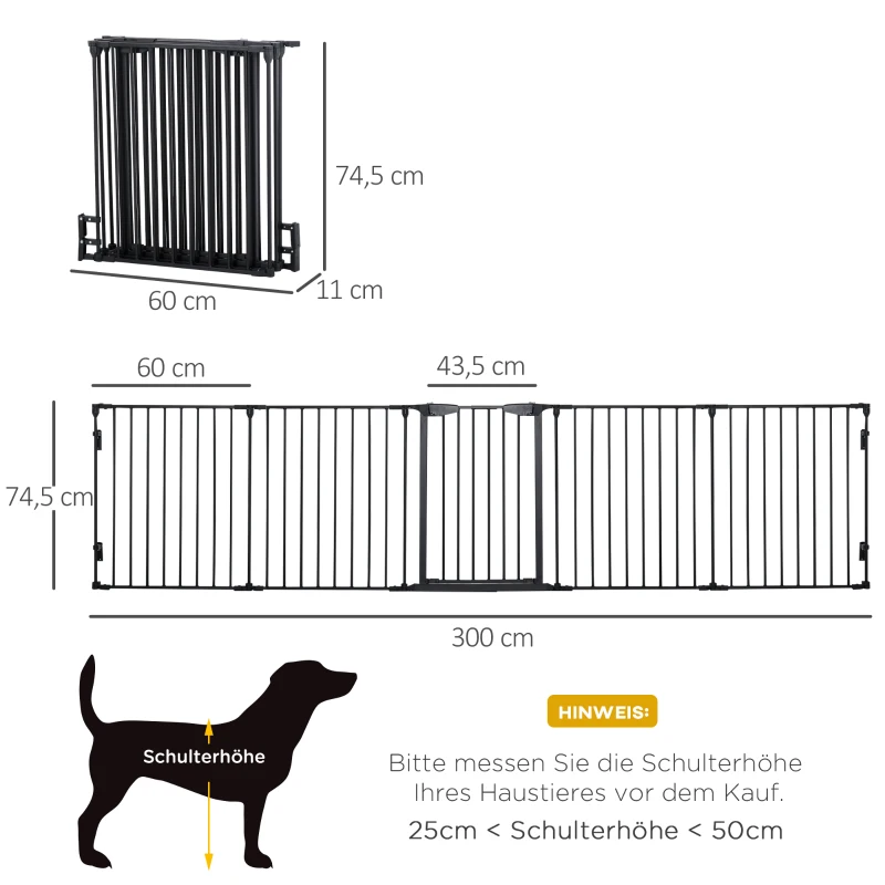 PawHut 2-in-1 Absperrgitter, Haustier-Laufstall, Sicherheitstor, faltbar, Metall, 300 x 3 x 74,5 cm, Schwarz(m-3)