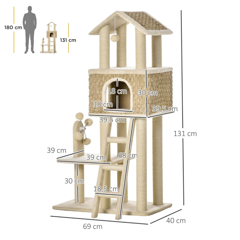 PawHut Árbol Rascador para Gatos Grande Altura 131 cm con Cueva de Algas Postes de Sisal Natural Plataformas Bola Colgante y Molino de Viento de Juguete 69x40x131 cm Beige