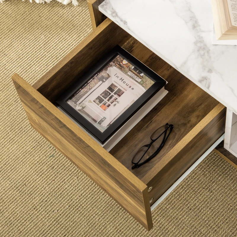 HOMCOM Mesa de Centro para Salón con Cajón y Estante Abierto Mesa de Café Industrial con Encimera de Mármol y Patas Elevadas de Madera 80x45x40,5 cm Marrón Rústico y Blanco