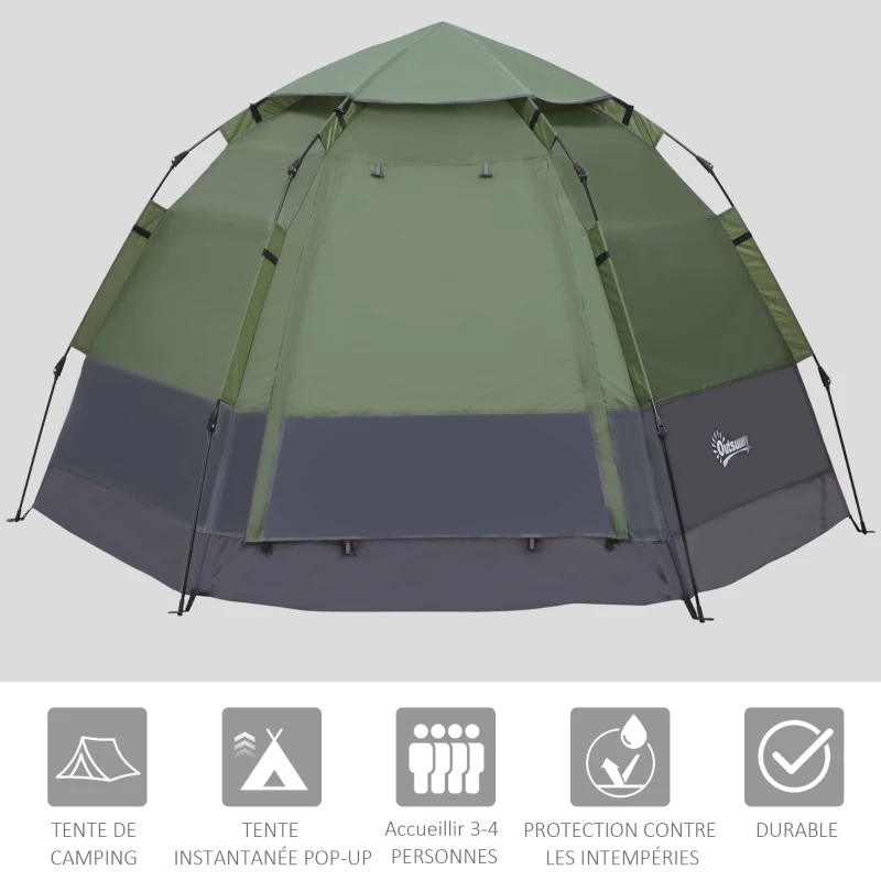 Outsunny Tente pop up tente de camping 3-4 pers. tente dôme étanche légère ventilée facile à monter 2 grandes portes dim. 2,6L x 2,6l x 1,5H m fibre verre polyester oxford vert gris