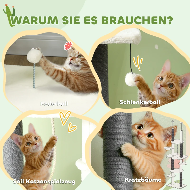 PawHut Kratzbaum, deckenhoch, verstellbar 225-255 cm, Plattformen & Hängematten, Kippschutz, Weiß