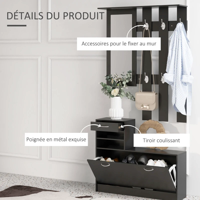 HOMCOM Ensembles 3 en 1 de meuble d'entrée vestiaire avec panneau porte-manteau, miroir et banc à chaussures - 6 crochets et étagère réglable, noir