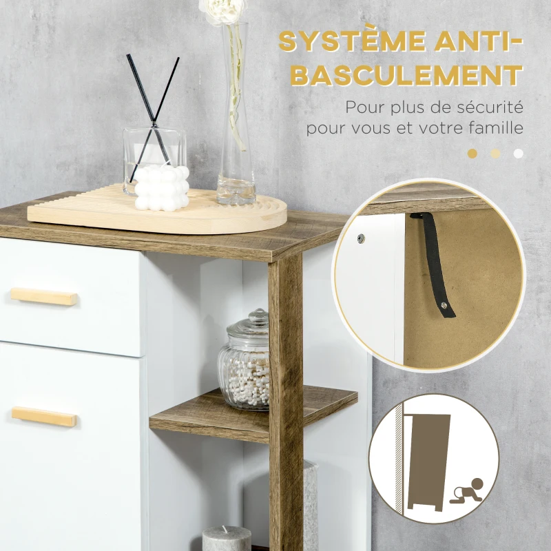 kleankin Meuble bas de salle de bain style scandinave 1 tiroir 1 placard et 3 étagères - 50 x 30 x 89 cm - blanc et naturel