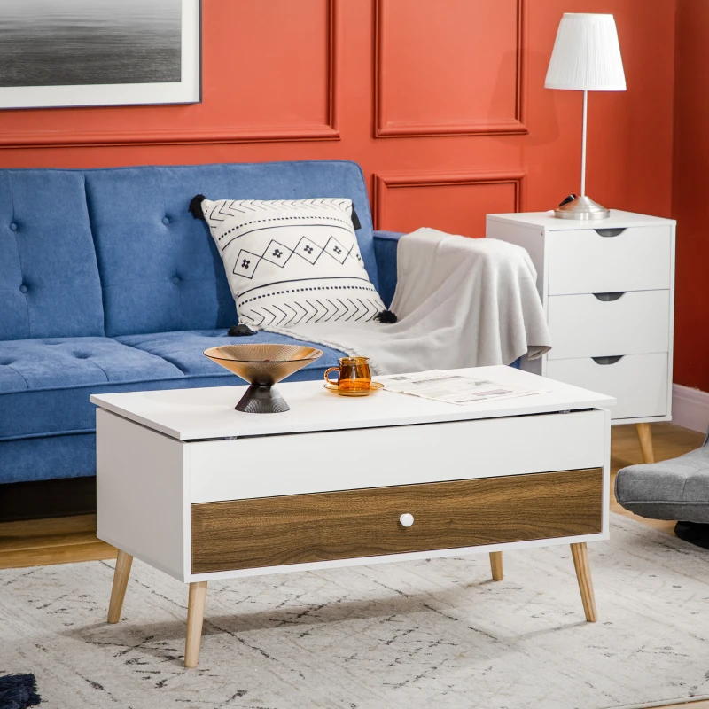 HOMCOM Mesa de Centro Elevable con Almacenamiento Oculto y Cajón para Oficina Estudio 100x50x49-62 cm Blanco y Roble