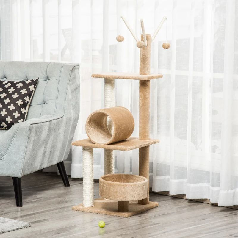 PawHut 121cm Cat Tree Tower for Indoor Cats Kitten Activity Centre Scratching Post with Bed Tunnel Perch Interactive Ball Toy Brown