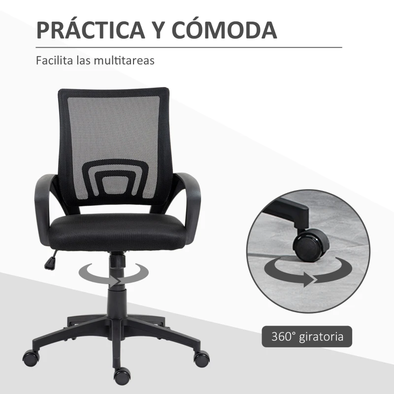 HOMCOM Silla de Escritorio de Malla Giratoria con Altura Ajustable Función de Basculante y Reposabrazos Carga 120 kg Negro