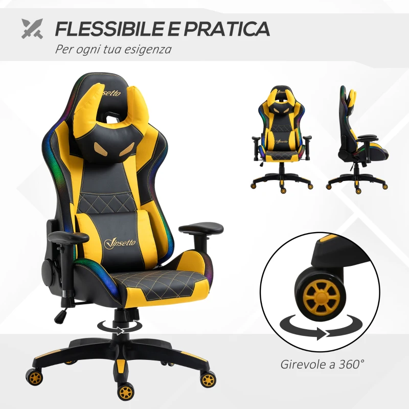 Vinsetto Sedia da Gaming Luminosa, Poltrona Gaming PC con Luci a LED, Poltrona Ufficio in Similpelle Gialla e Nera
