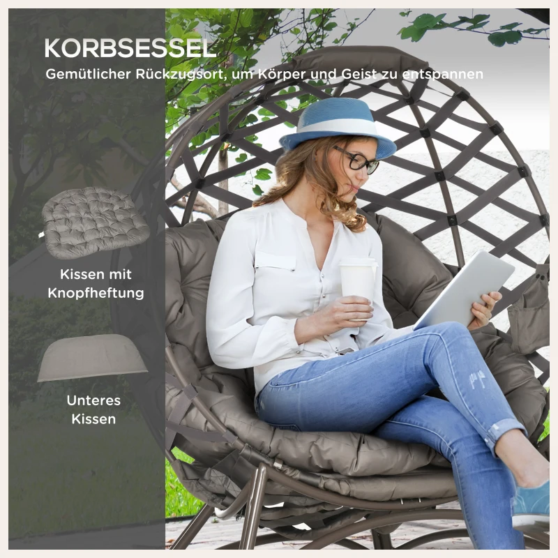 Outsunny Gartenstuhl-Set, 2-tlg., Hocker/Beistelltisch, gr. Sitzkissen, Stahlrahmen, Farbe: Sand, 118 x 75 x 142 cm