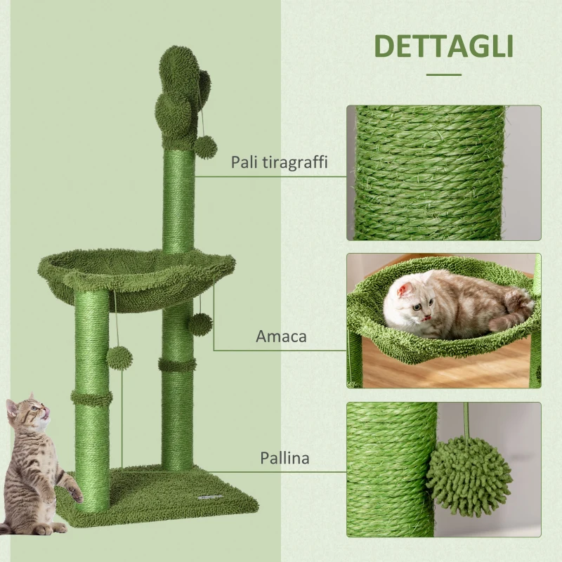 PawHut Albero Tiragraffi per Gatti fino 4.5kg a Forma di Cactus con Palline e Amaca, 40x40x96cm - Verde