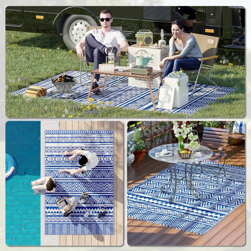 Outsunny Alfombra Reversible 182x274 cm Estilo Moderno para Terraza Balcón Patio Camping Playa Azul Oscuro y Blanco