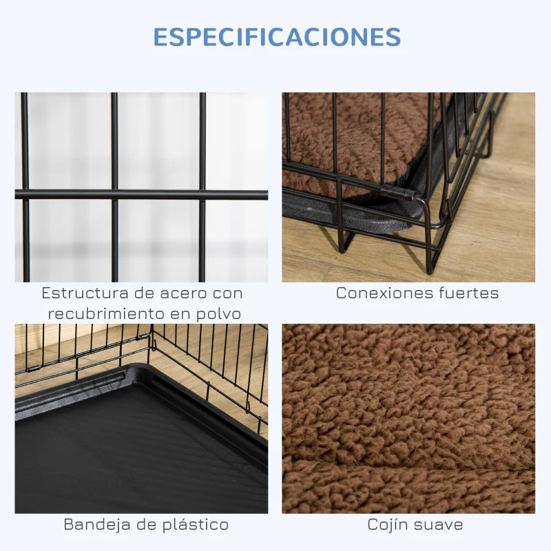 PawHut Jaula de Metal para Perros Plegable 60x43x49,5 cm con 2 Puertas con Pestillos Bandeja Extraíble Cojín Suave y Asa Negro
