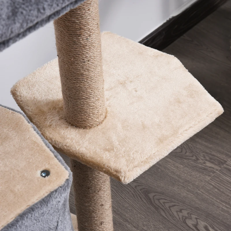 PawHut Arbre à chat 3 griffoirs grattoirs sisal naturel plateformes panier niches et boule suspendue dim. 60L x 40l x 92H cm peluche haute densité 500 g/m² gris beige