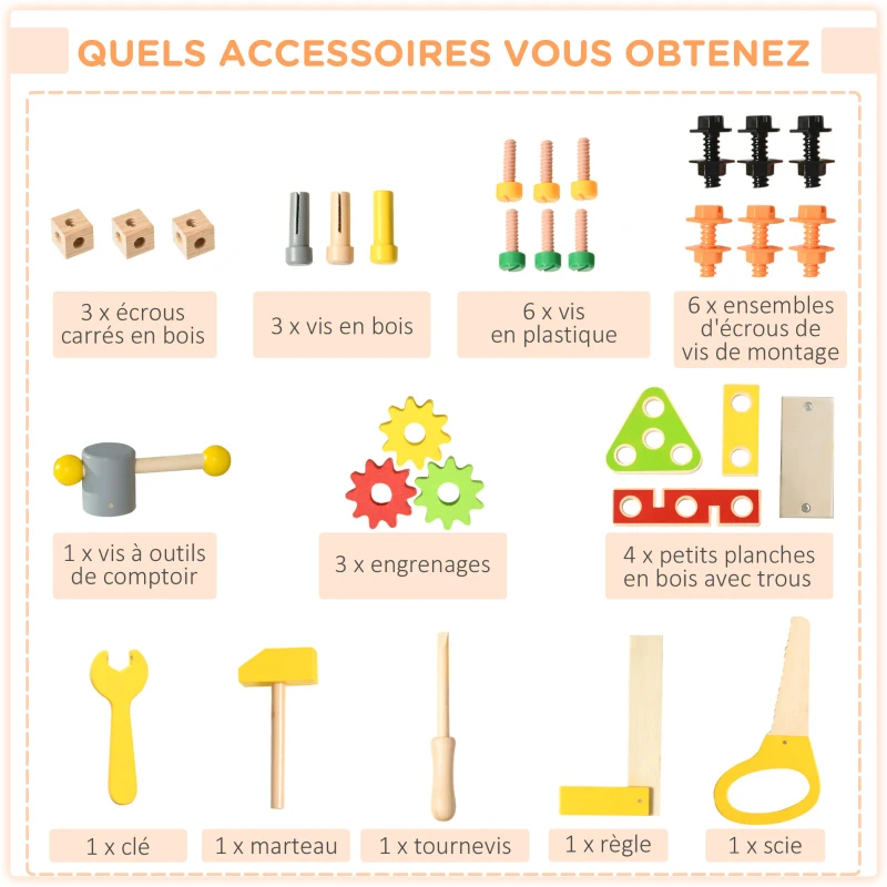 HOMCOM Etabli et outils pour enfant - jeu d'imitation bricolage - nombreux accessoires 31 pièces - MDF gris bois pin