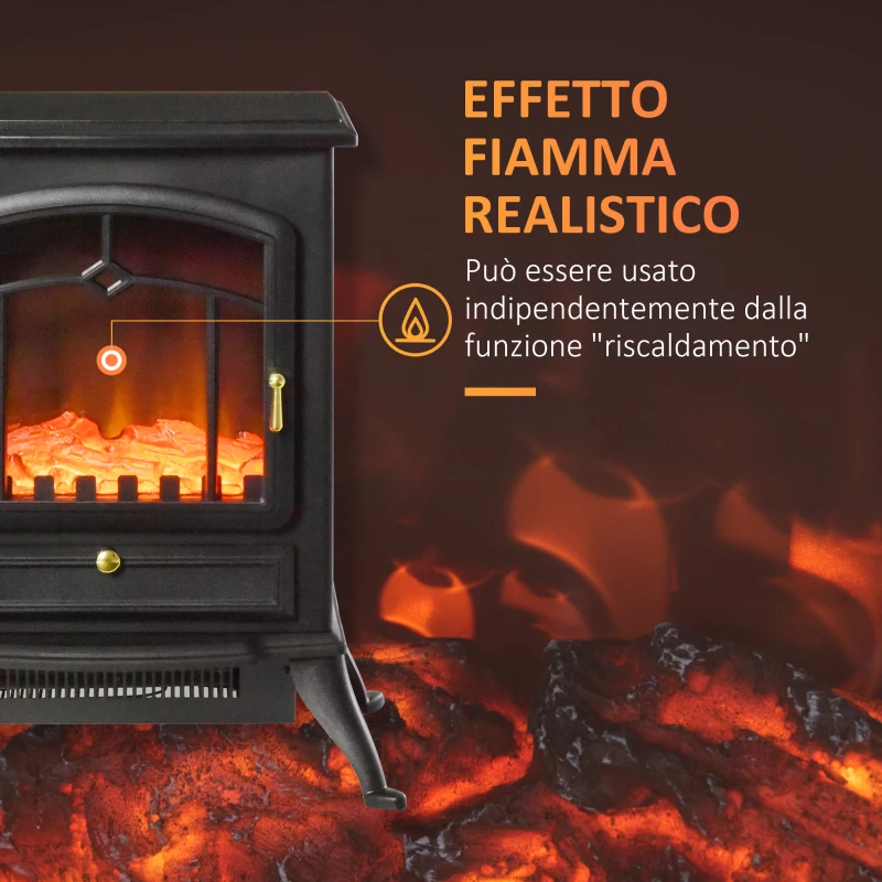 HOMCOM Camino Elettrico da Terra con Effetto Fiamma, Caminetto Elettrico 1000W /2000W con Protezione da Surriscaldamento e Termostato, in ABS e Vetro, 45x28x54cm, Nero