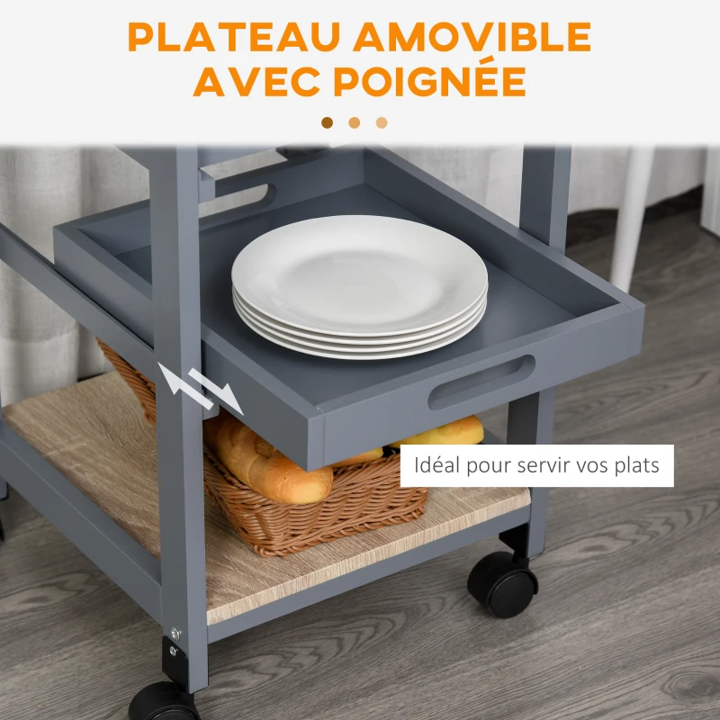 HOMCOM Chariot de service desserte de cuisine à roulettes panier + 2 plateaux amovibles, tiroir, étagère en bois chêne clair