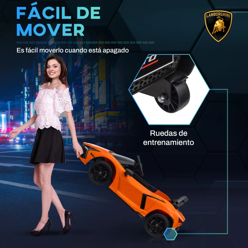 AIYAPLAY Coche Eléctrico para Niños de +3 Años Lamborghini Revuelto con Mando a Distancia Faros LED Bocina Música Naranja