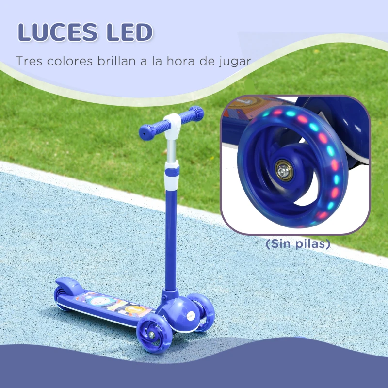 AIYAPLAY Patinete Infantil Patinete con 3 Ruedas Luces LED Altura Ajustable Carga 25 kg 52x29x63-76 cm Azul