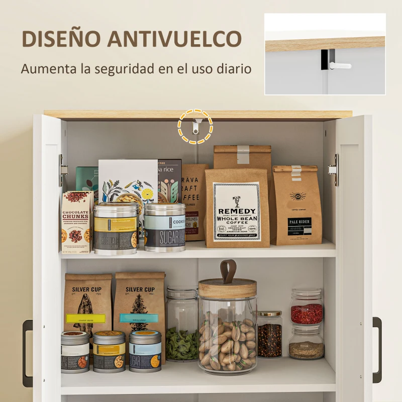 HOMCOM Alacena de Cocina con Estantes Ajustables Puertas de Ratán y Sistema Anti-vuelco 60x30x170 cm Blanco