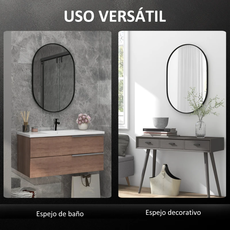 HOMCOM Espejo de Baño Ovalado 60x90 cm Espejo Decorativo de Pared con Marco de Aluminio para Salón Horizontal o Vertical Negro(m-4)