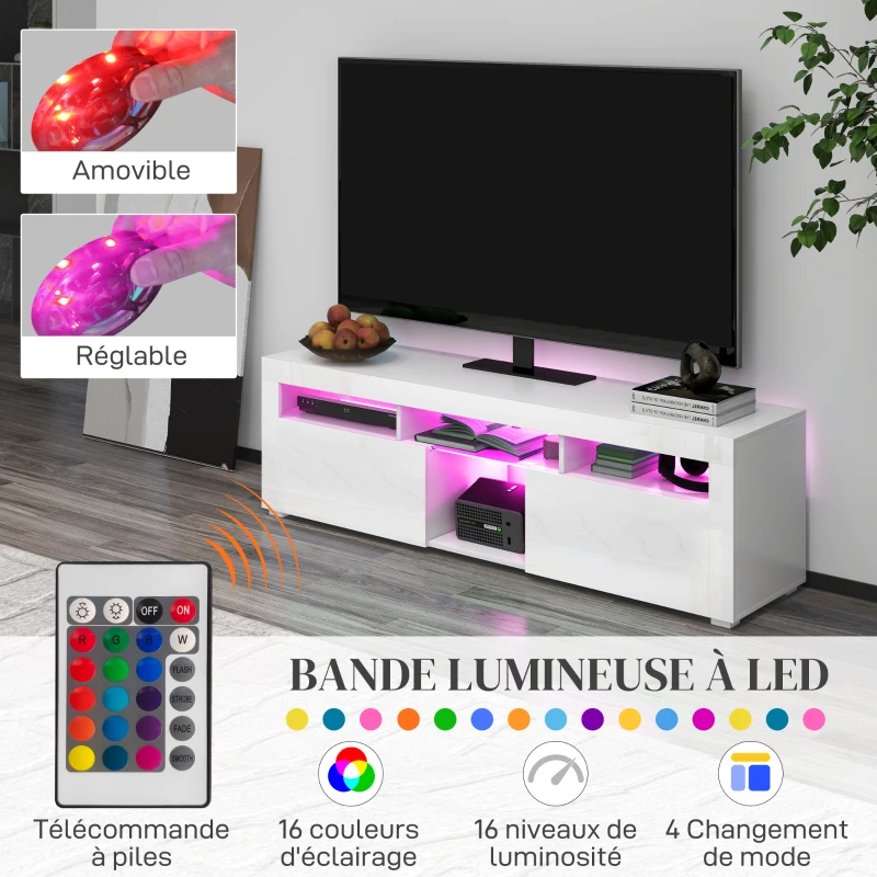 HOMCOM Meuble banc TV, meuble de télévision, jusqu'à 55 pouces, avec LED, étagères et placards, 150 x 38 x 45 cm, blanc laqué