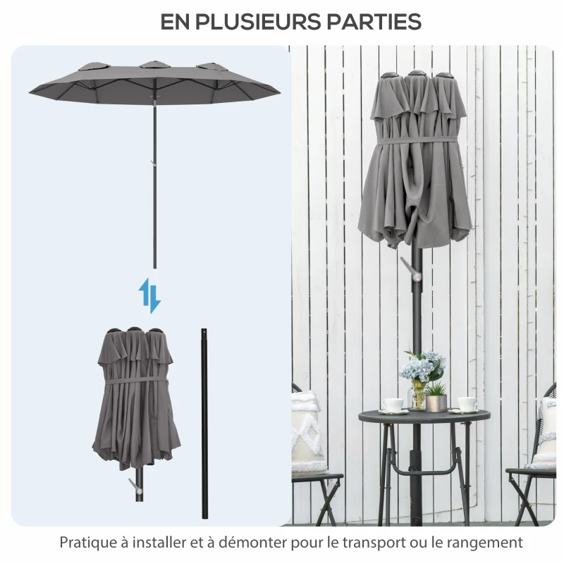 Outsunny Parasol de jardin double grande taille ouverture fermeture manivelle acier polyester 295 x 152 x 222 cm gris