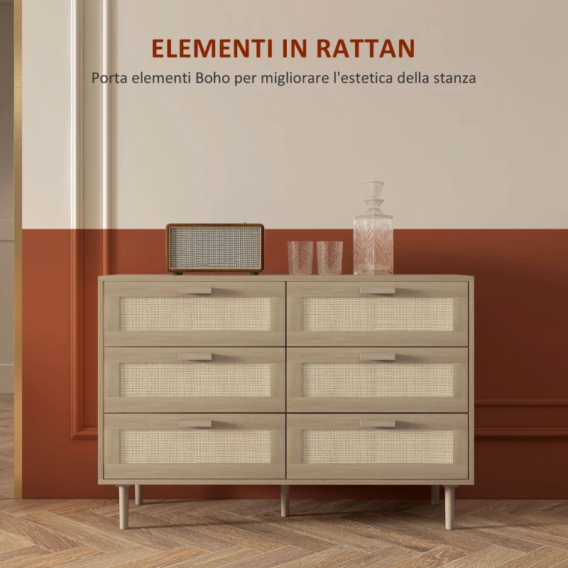 HOMCOM Cassettiera 6 Cassetti in Legno e Rattan Stile Boho per Soggiorno e Camera da Letto, 110x40x75 cm