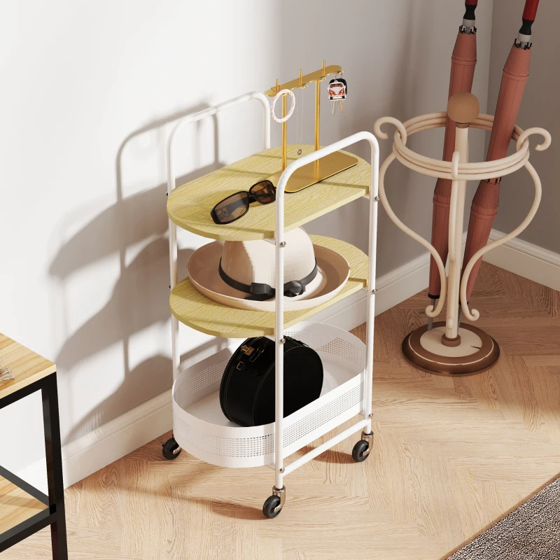 HOMCOM Carrito Auxiliar con Ruedas de 3 Niveles Carro de Almacenamiento con Cesta y Estantes 49,5x32,5x82,5 cm Blanco y Madera Natural