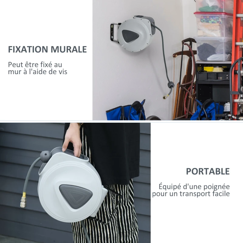 HOMCOM Enrouleur de tuyau à air comprimé - tuyau : 15 m + 1,4 m - Ø intérieur 3/8" (9,5 mm), 1/4" (6,35 mm) BSPT - dévidoir automatique pour tuyau d'air rétractable gris