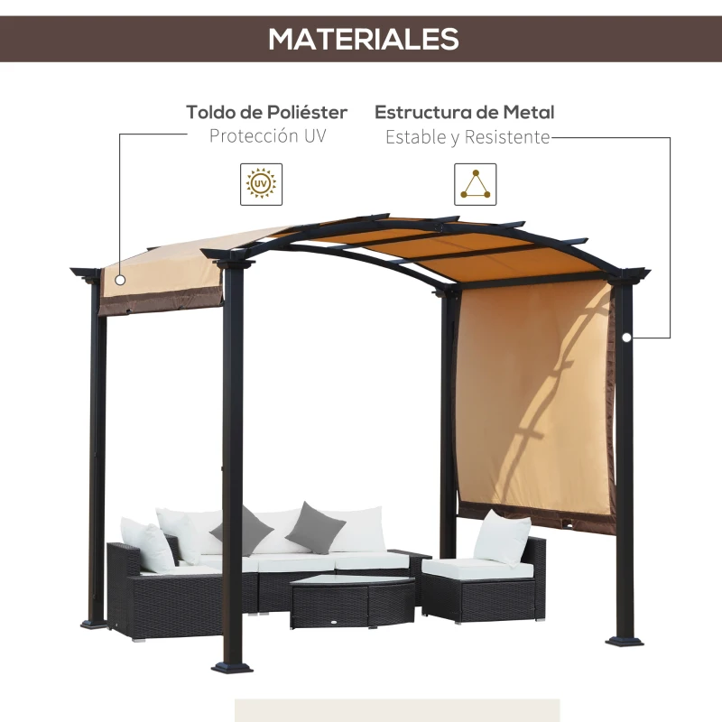 Outsunny Pérgola 3x2,5 m Cenador con Techo Retráctil para Jardín Patio Terraza Tela Poliéster Atornillados Resistente Protección de Rayos UV Beige