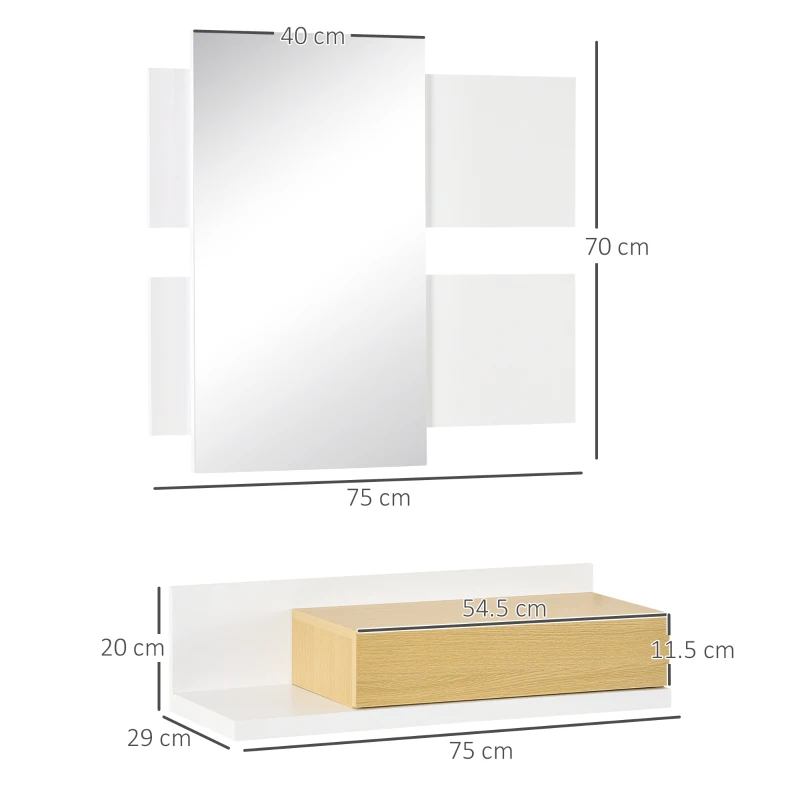 HOMCOM Set Mobili da Ingresso con Specchio 40x70cm e Cassetto in Legno con Fissaggio a Muro