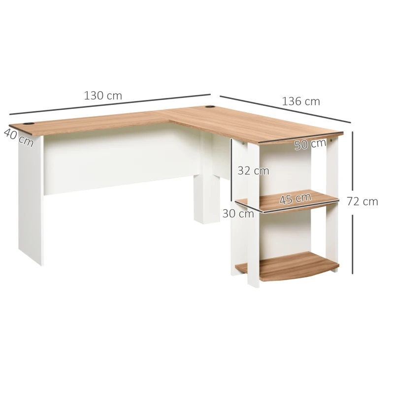 HOMCOM Bureau informatique bureau d'angle contemporain avec étagères en panneaux de particules idéal pour maison dortoir 136 x 130 x 72 cm bicolore imitation noyer clair blanc