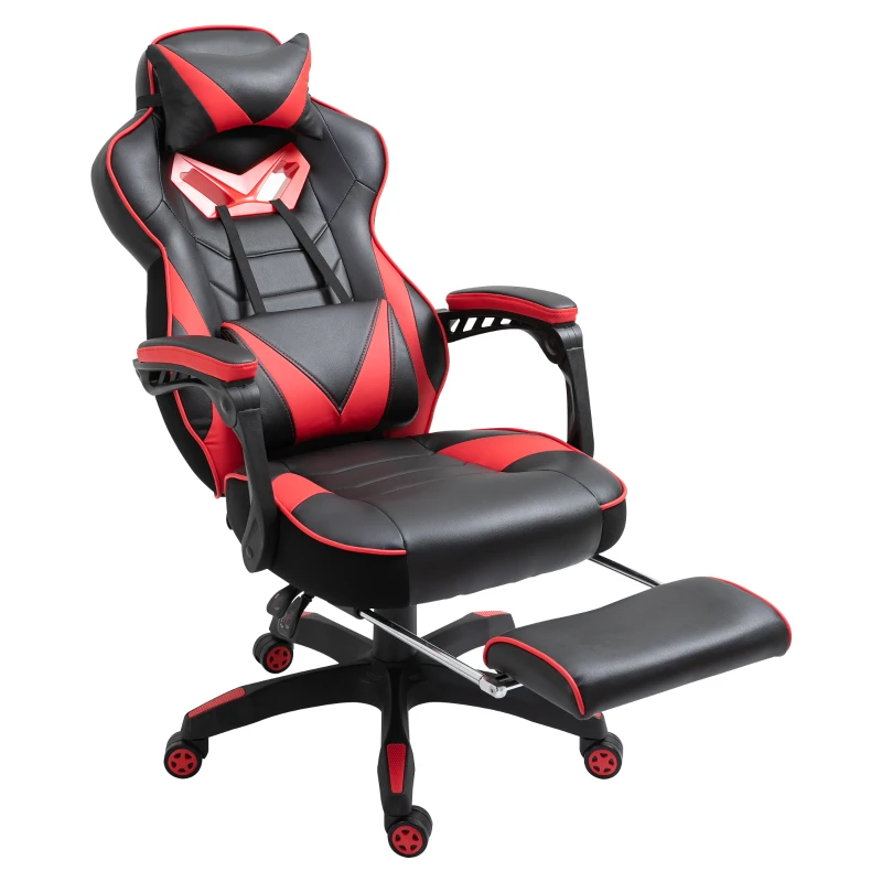 Vinsetto Ergonomischer Bürostuhl, Gaming Stuhl, Drehstuhl mit einziehbare Fußstütze und verstellbarer Rücken Schaumstoff+PU-Leder+Metall, Schwarz+Rot, 65 x 70 x 118,5-128,5 cm
