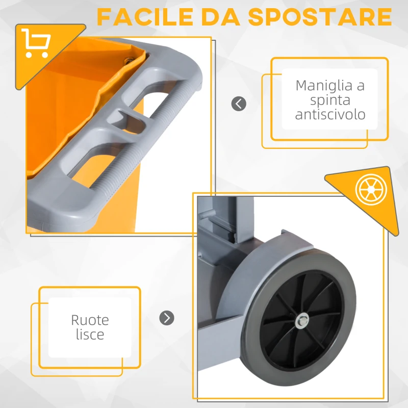 HOMCOM Carrello Pulizie Professionale con 3 Ripiani, Ganci Portascopa, 4 Ruote e Sacco 100L, Arancione 121 x 50.5 x 96.5cm