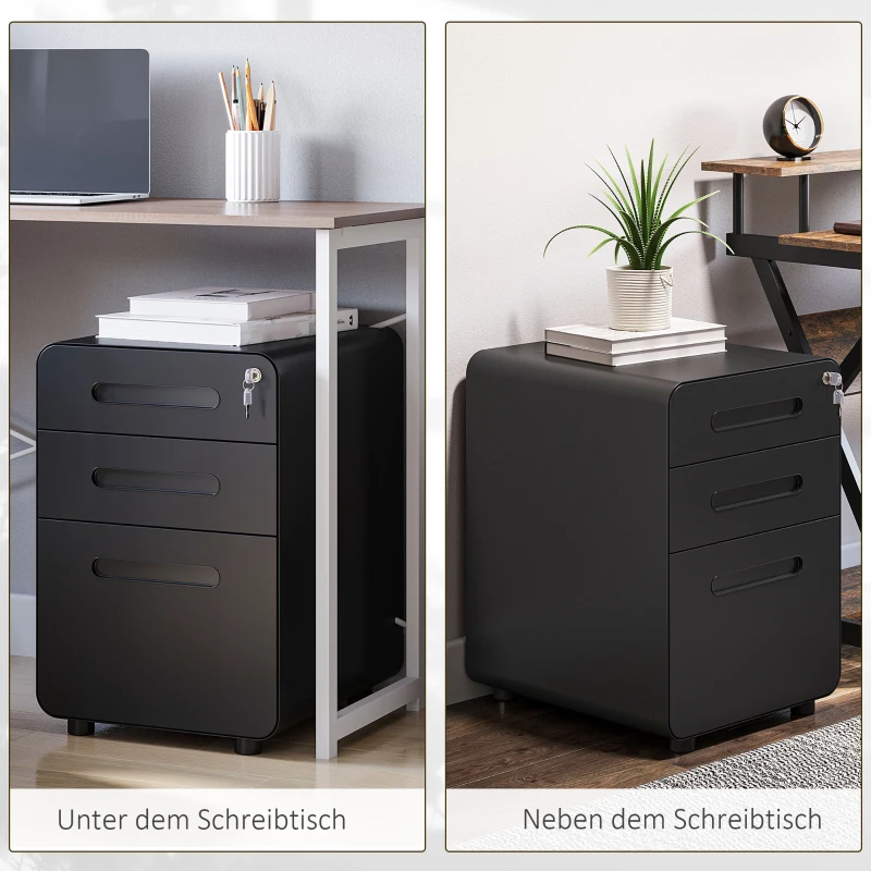 Vinsetto Rollcontainer mit 3 Schubladen mobiler Aktenschrank mit Rollen abschließbar Büroschrank mit Hängeregistratur Stiftfach, Bürocontainer Schreibtisch Unterschrank für Büro 39x48x59cm Schwarz