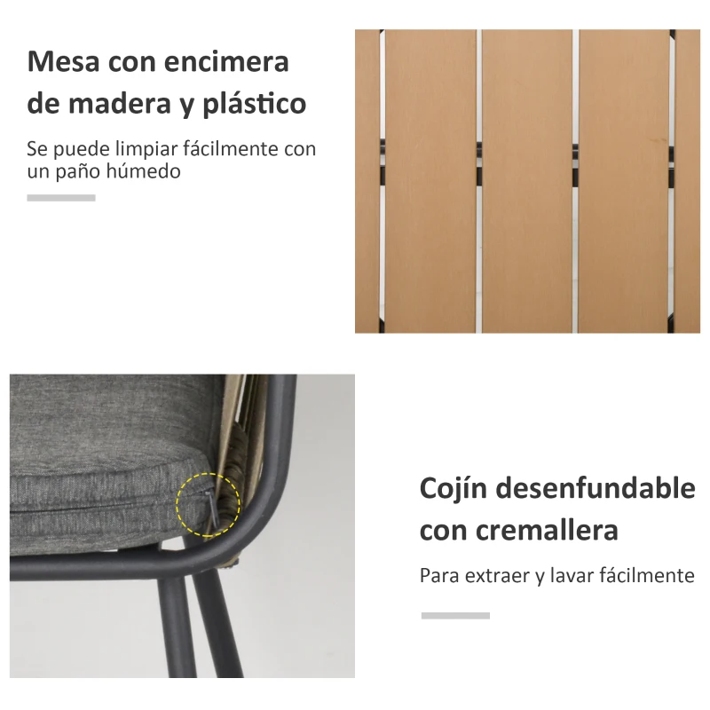 Outsunny Conjunto de Muebles de Jardín Juego de 3 Piezas Muebles de Ratán 1 Mesa Redonda y 2 Sillas Butaca con Cojines Acolchados para Balcón Terraza Acero Caqui y Gris