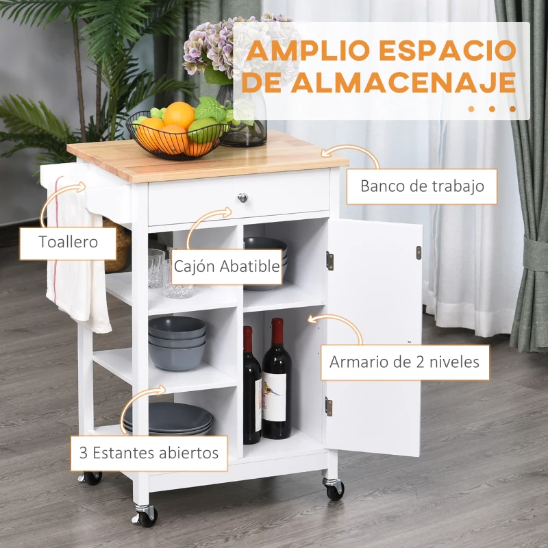 HOMCOM Carrito de Cocina Carro Auxiliar con Ruedas 1 Cajón 1 Armario 3 Estantes Abiertos de Almacenamiento para Comedor 66x39,5x86,5 cm Blanco