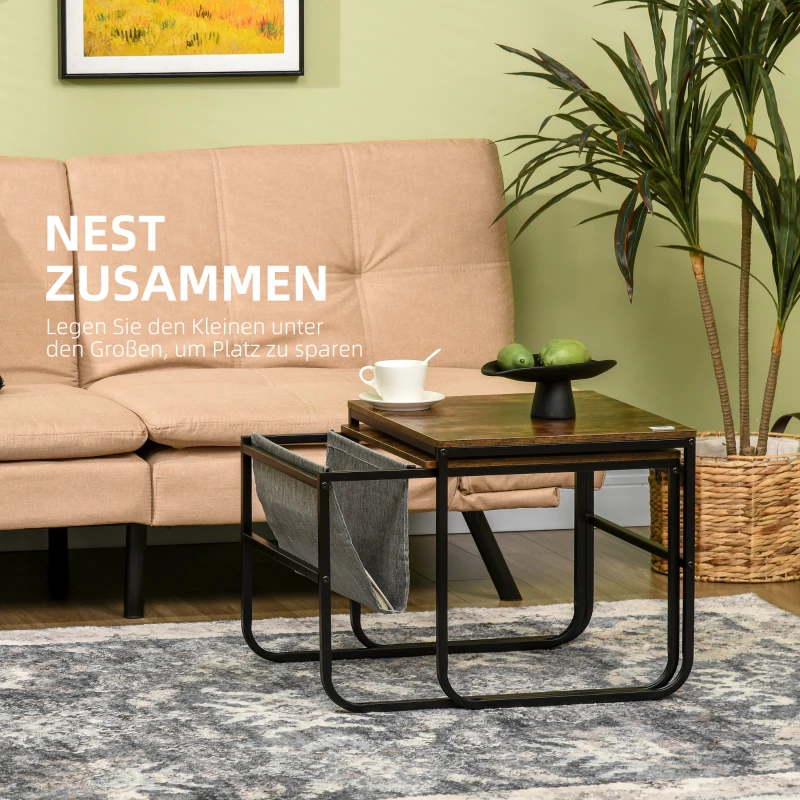 HOMCOM 2er-Set Beistelltische im Industriedesign, 1 abnehmbares Ablagefach, stapelbar, Couchtisch, Braun + Weiß