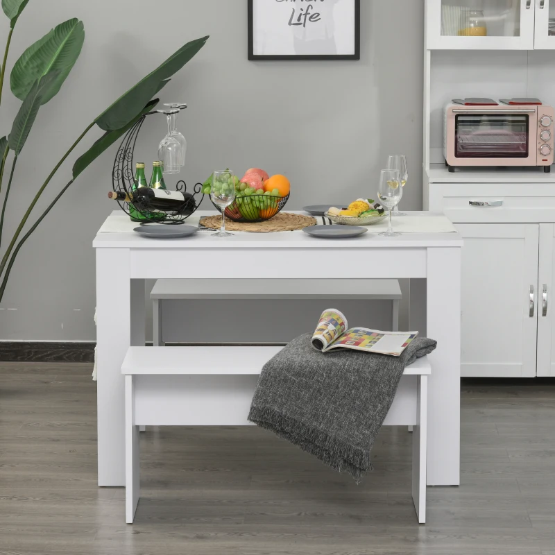 HOMCOM Set 3 Pezzi Tavolo con 2 Panche per Cucina, Bar o Sala da Pranzo Moderna, in Legno Bianco, 2 Posti, 110x70x75cm