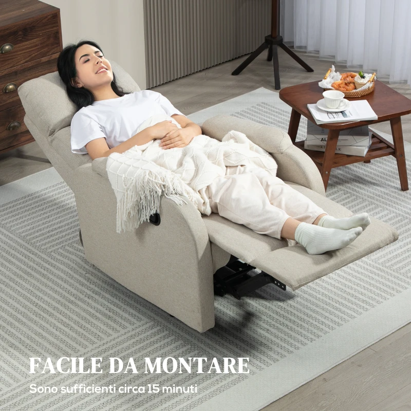 HOMCOM Poltrona Relax Reclinabile Manuale con Poggiapiedi in Tessuto e Imbottitura Spessa, Beige