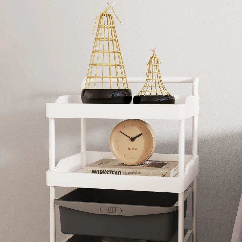 HOMCOM Carrello Portaoggetti con 2 Vassoi Fissi e 3 Vassoi Scorrevoli, in Acciaio e PP, 40x34x85 cm, Bianco e Grigio