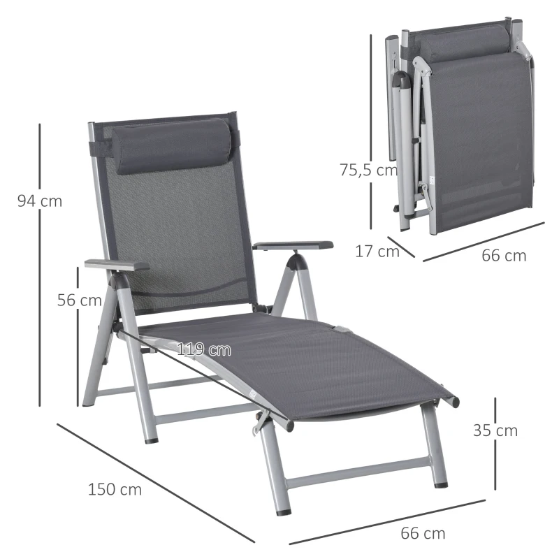 Outsunny Bain de soleil transat pliable dossier inclinable multi-positions têtière fournie alu. textilène gris