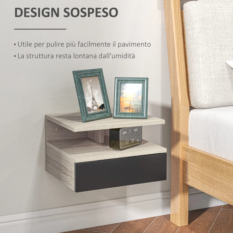 HOMCOM Set di 2 Comodini Sospesi Moderni con Cassetto e Mensola Superiore, 35x32x22.5cm, Rovere e Nero